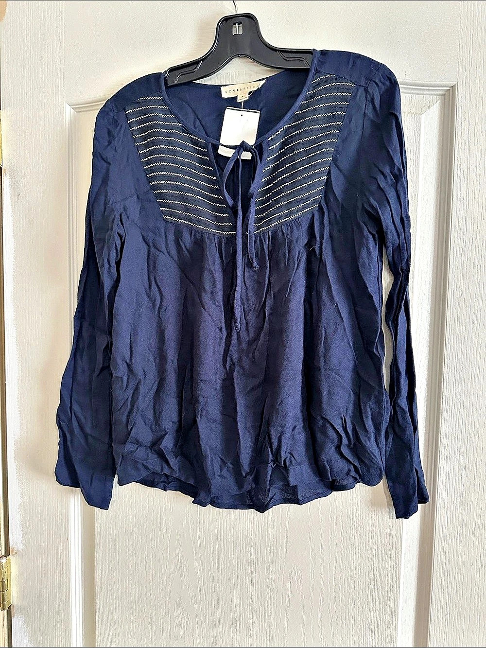 LOVESTITCH Embroidered Tie-Neck Blouse in Blue Size Medium NWT